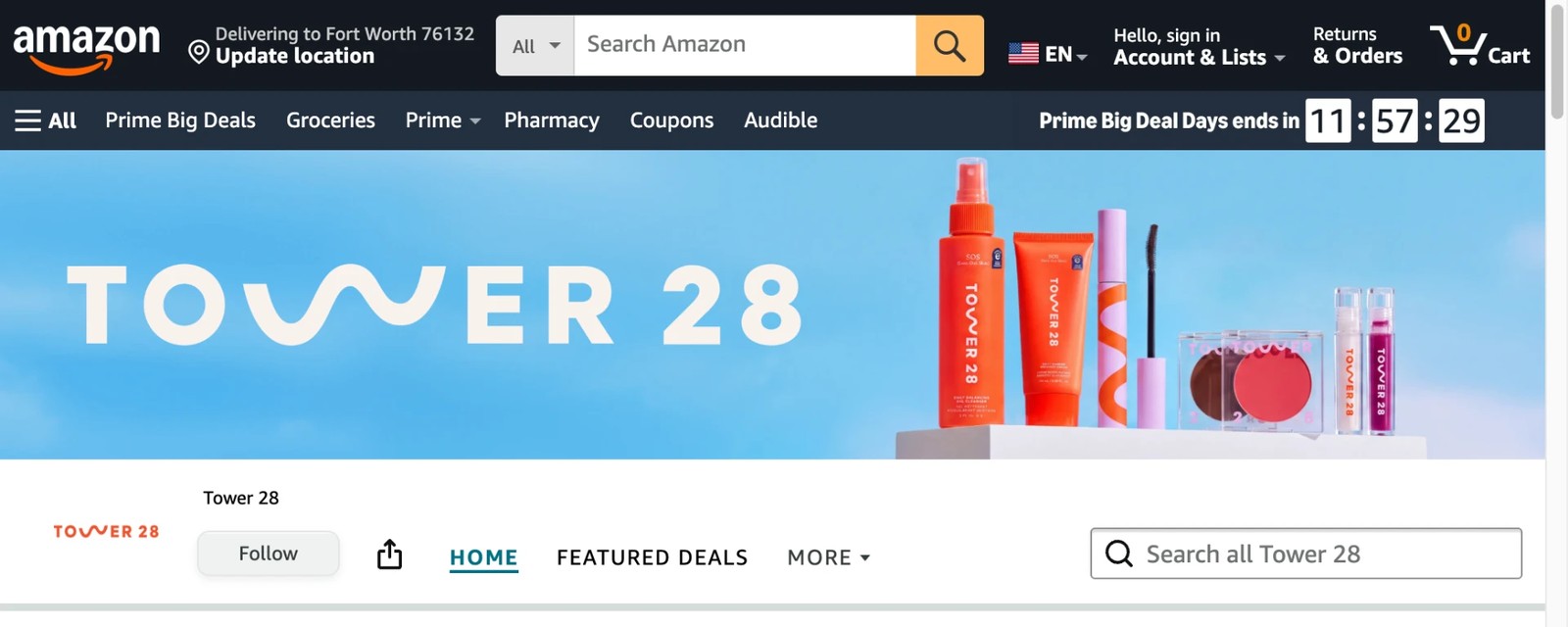 Tower 28 Beauty storefront on Amazon featuring a featured-deal banner